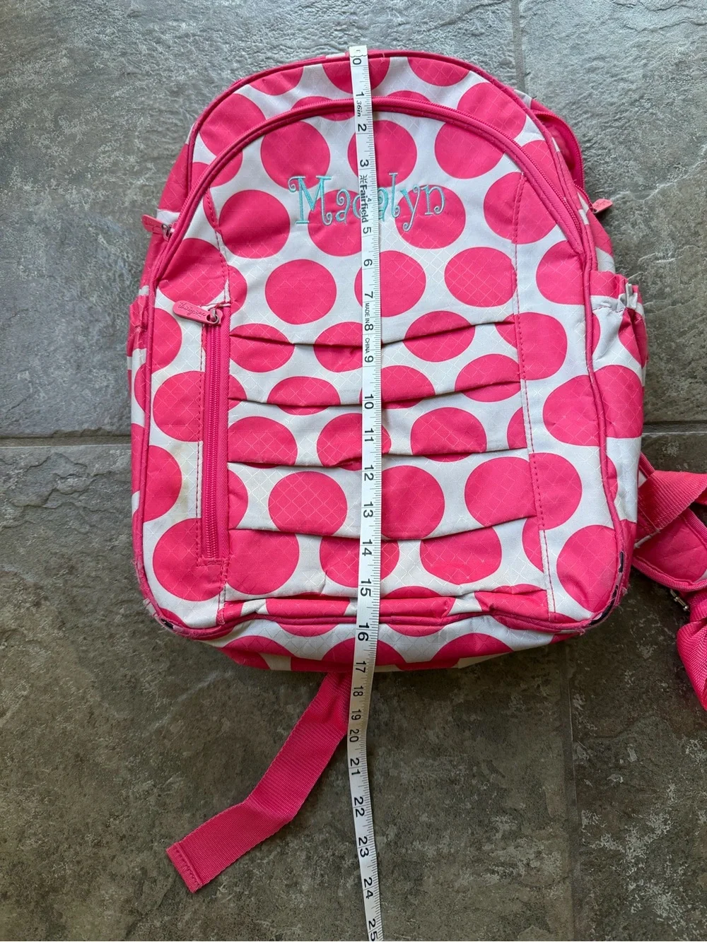 Thirty-One Her Deluxe Backpack Mod Coral Pink Polka Dot Bookbag Monogram Madalyn